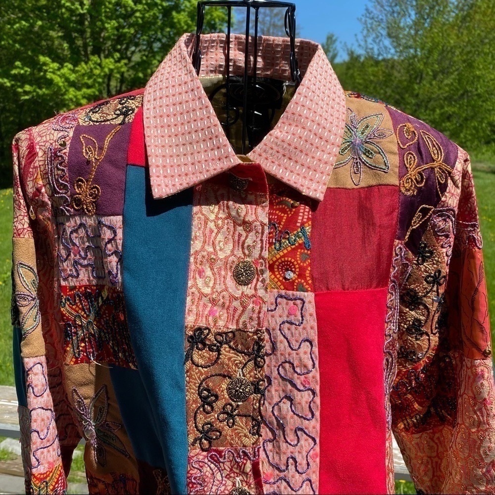 Vintage Alex Kim Wearable Art Patchwork Colorblock Sequined Jacket Petite Large - Picture 2 of 12